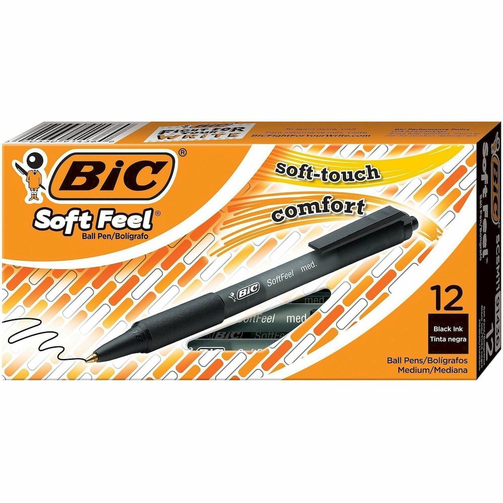 BIC SoftFeel Retractable Ball Pens - Retractable - Black Ink - Black Rubber Barrel - 1 Dozen. Picture 1