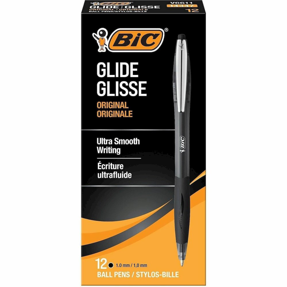 BIC Glide Retractable Pens - Medium Pen Point - 1 mm Pen Point Size - Conical Pen Point Style - Retractable - Black - Clear Barrel - 1 Dozen. Picture 1