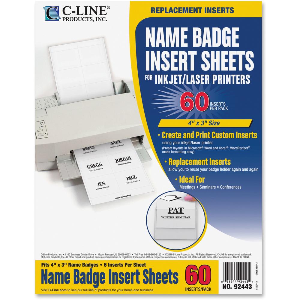 C-Line Replacement Name Badge Insert Sheets for Laser/Inkjet Printers - White, 6/Sheet, 4 x 3, 60/PK, 92443. Picture 1