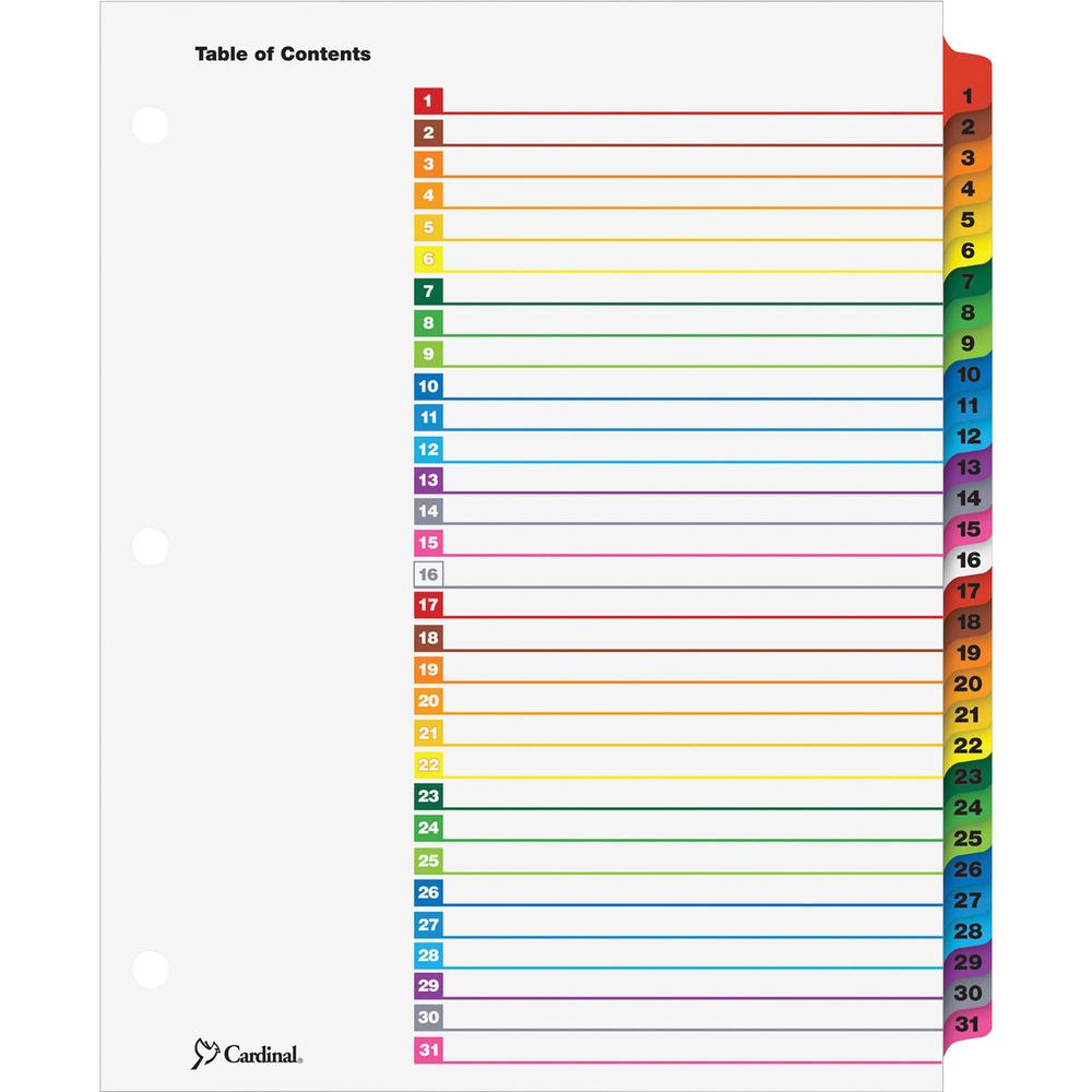 Cardinal&reg; OneStep Daily Index System - 31 x Divider(s) - Printed Tab(s) - Digit - 1-31 - 31 Tab(s)/Set - 9" Divider Width x 11" Divider Length - Letter - 8.50" Width x 11" Length - 3 Hole Punched . Picture 1