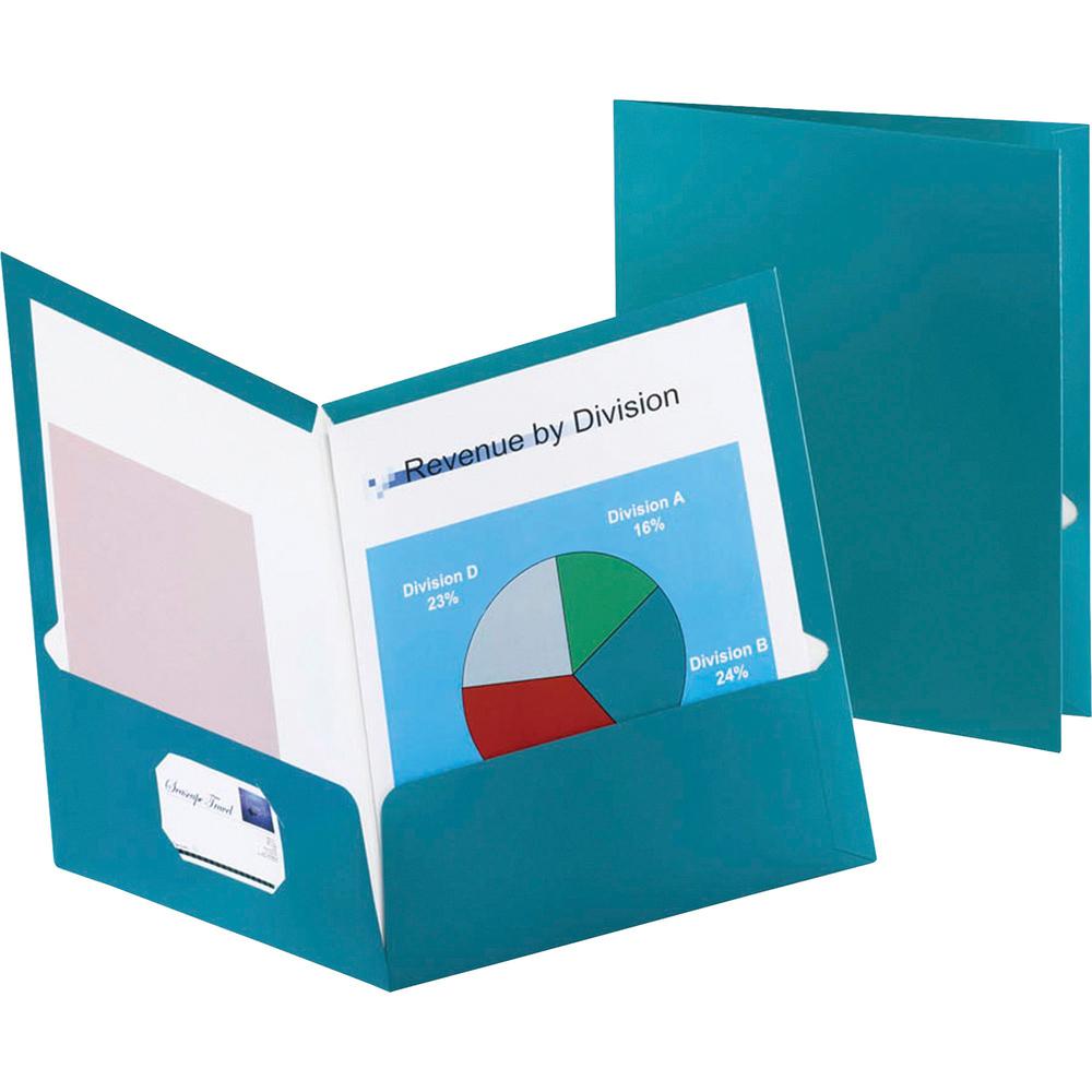 Oxford Letter Pocket Folder - 8 1/2" x 11" - 150 Sheets Capacity - 2 Internal Pocket - Teal - Die-cut, Metallic - 25 / Box. Picture 1
