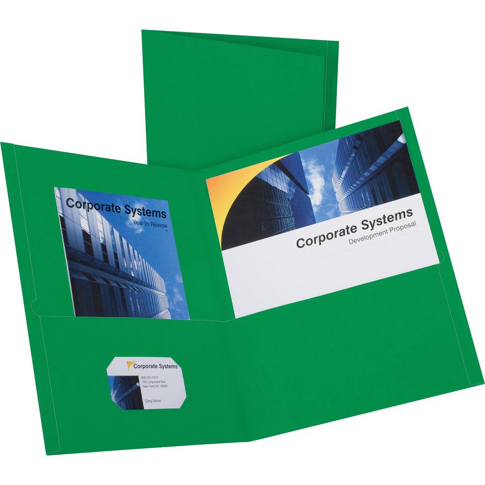 Oxford Letter Recycled Pocket Folder - 8 1/2" x 11" - 2 Internal Pocket - Leatherette - Hunter Green - Turned Edge - 10% Recycled - 25 / Box. Picture 1