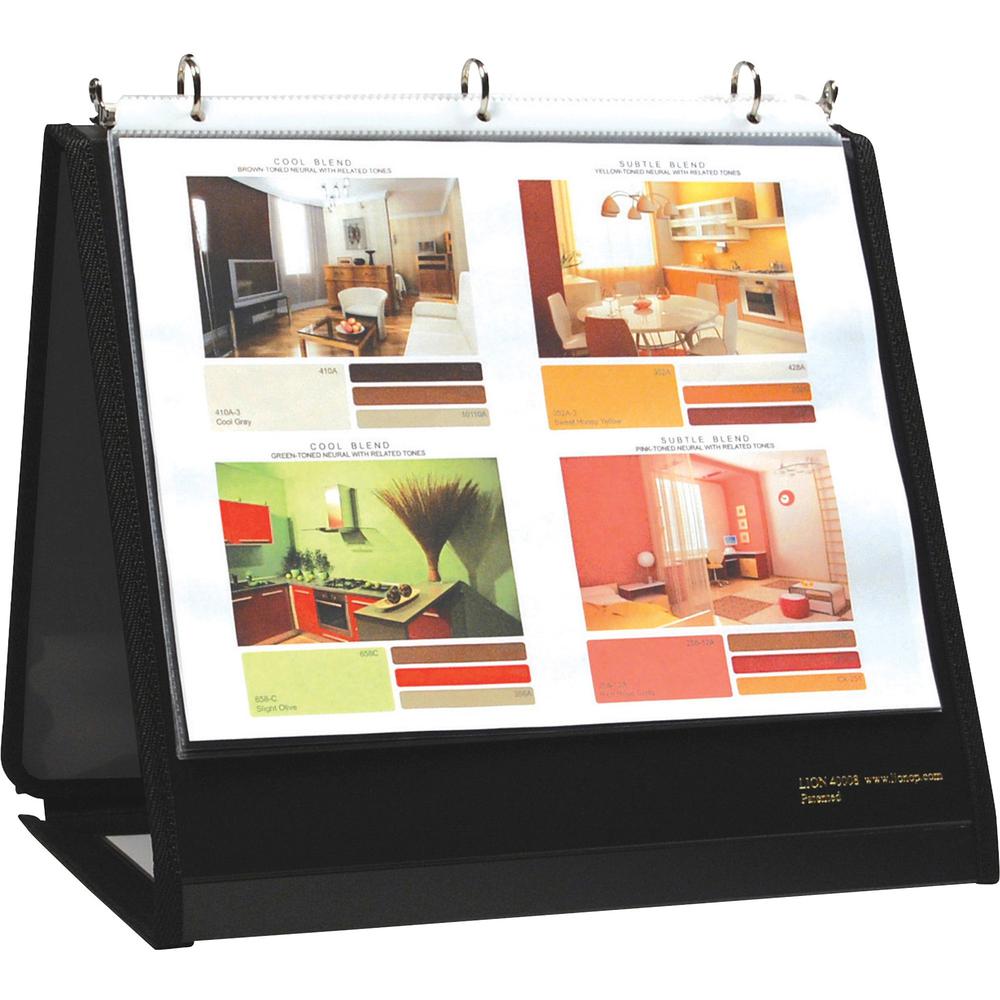 Lion Insta-Cover Round Ring Easel Binder - 3/4" Binder Capacity - Letter - 8 1/2" x 11" Sheet Size - 3 x Round Ring Fastener(s) - 40 Pocket(s) - Black - Recycled - Label Holder, Reinforced Sewn Edge, . Picture 1