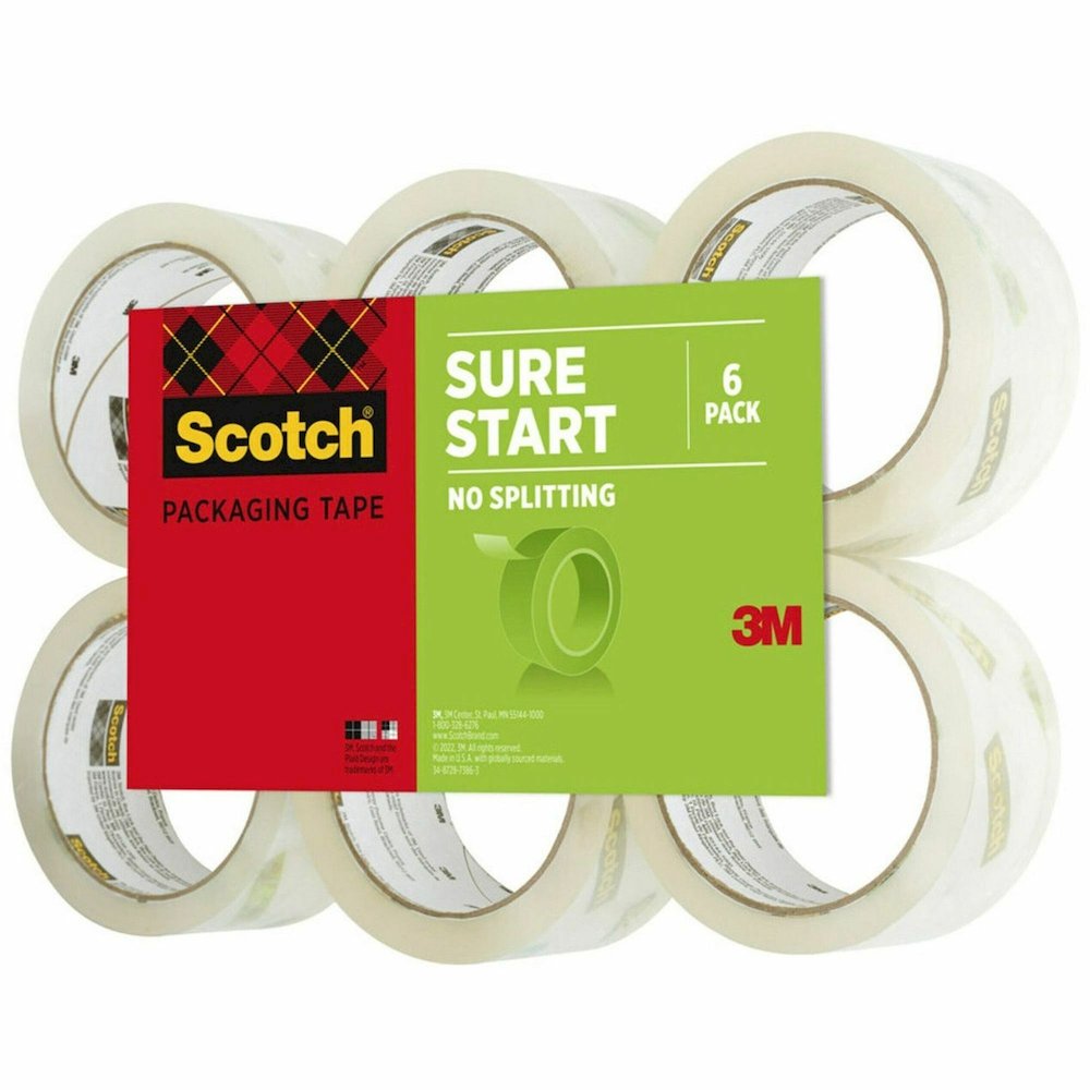 Scotch Sure Start Packaging Tape - 54.60 yd Length x 1.88" Width x 2.6 mil Thickness - 3" Core - Clear - Synthetic Rubber Resin - 2.95 mil - Sliver Resistant, Moisture Resistant, Split Resistant - For. Picture 1