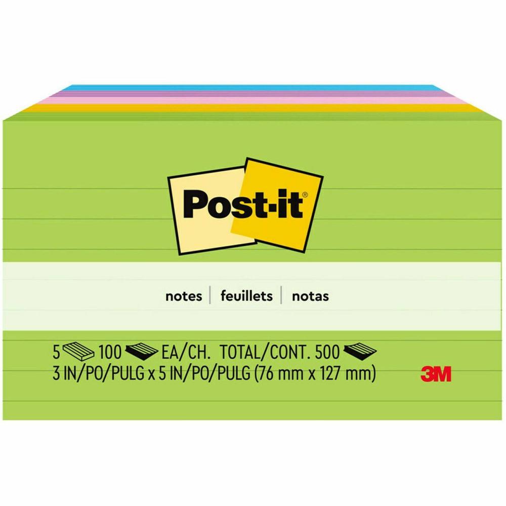 Post-it&reg; Notes Original Lined Notepads - Floral Fantasy Color Collection - 500 - 3" Flag/Note Width x 5" Flag/Note Length - Rectangle - 100 Sheets per Pad - Ruled - Limeade, Citron, Positively Pin. Picture 1