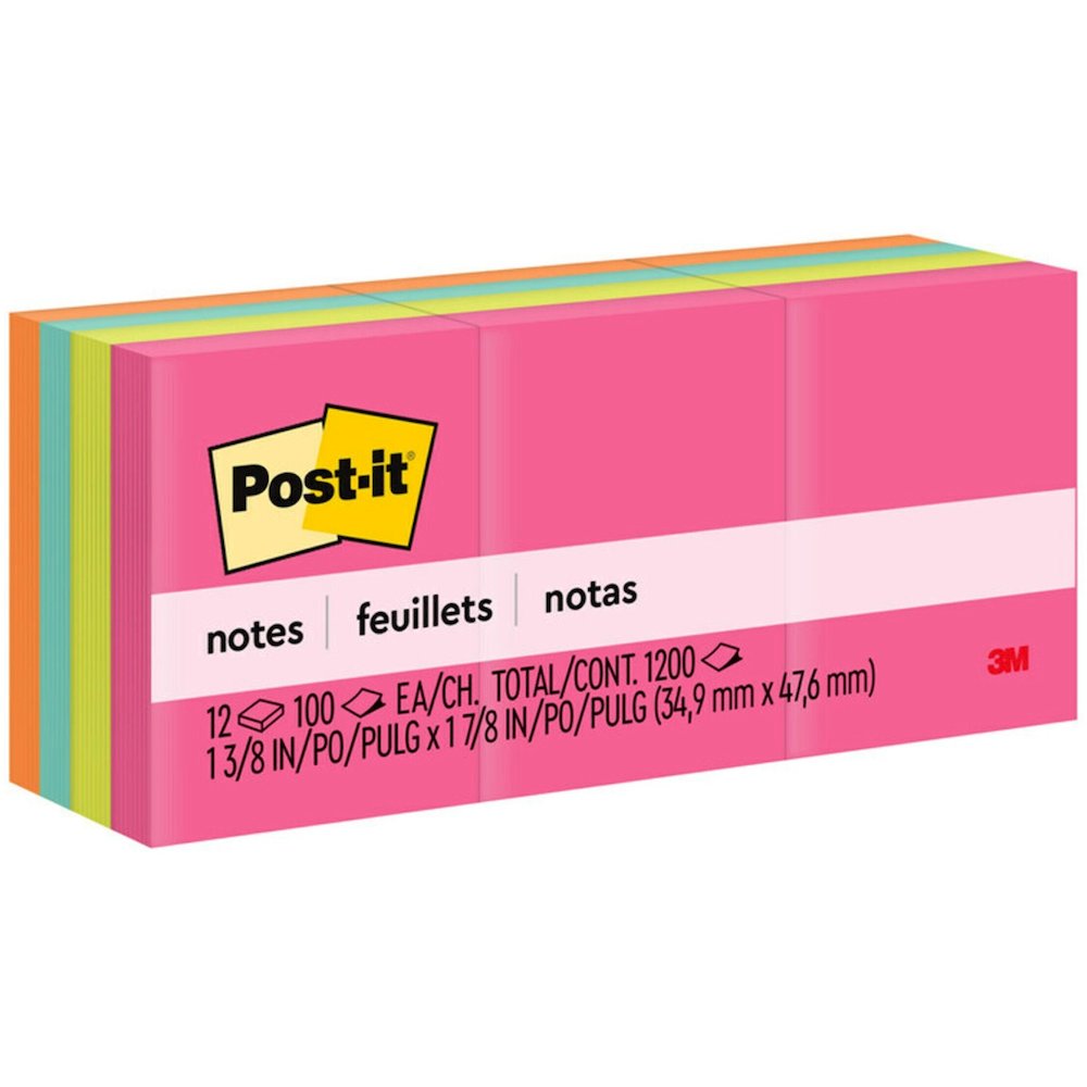 Post-it&reg; Notes Original Notepads - Poptimistic Color Collection - 1200 - 1 1/2" Flag/Note Width x 2" Flag/Note Length - Rectangle - 100 Sheets per Pad - Unruled - Power Pink, Acid Lime, Aqua Splas. Picture 1