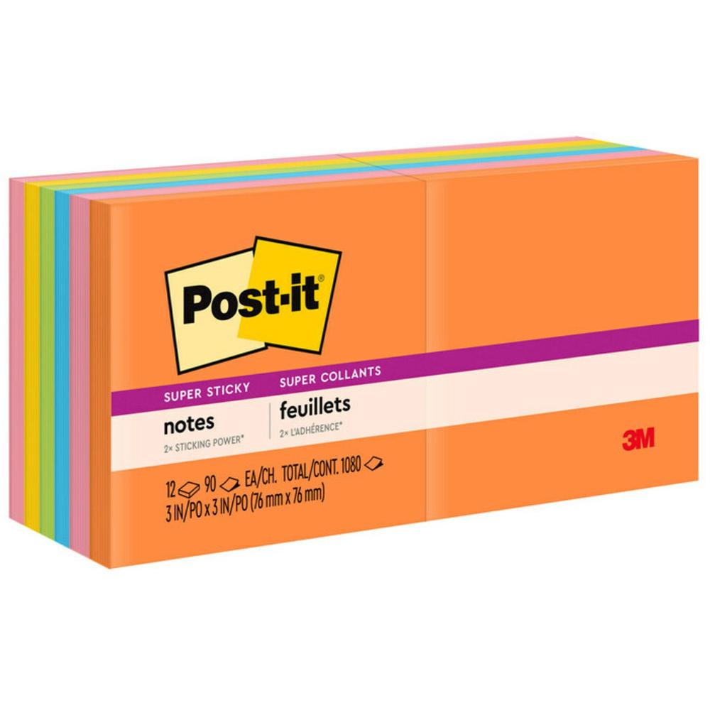 Post-it&reg; Super Sticky Notes - Energy Boost Color Collection - 1080 - 3" x 3" - Square - 90 Sheets per Pad - Unruled - Vital Orange, Tropical Pink, Sunnyside, Blue Paradise, Limeade - Paper - Self-. Picture 1