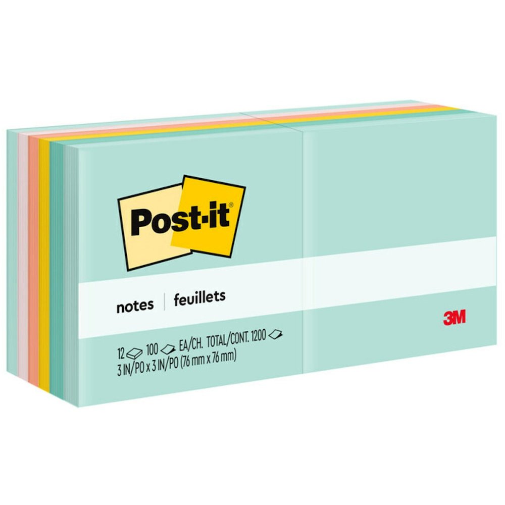Post-it&reg; Notes - Beachside Caf&eacute; Color Collection - 1200 - 3" Flag/Note Width x 3" Flag/Note Length - Square - 100 Sheets per Pad - Unruled - Fresh Mint, Aqua Splash, Sunnyside, Papaya Fizz,. Picture 1