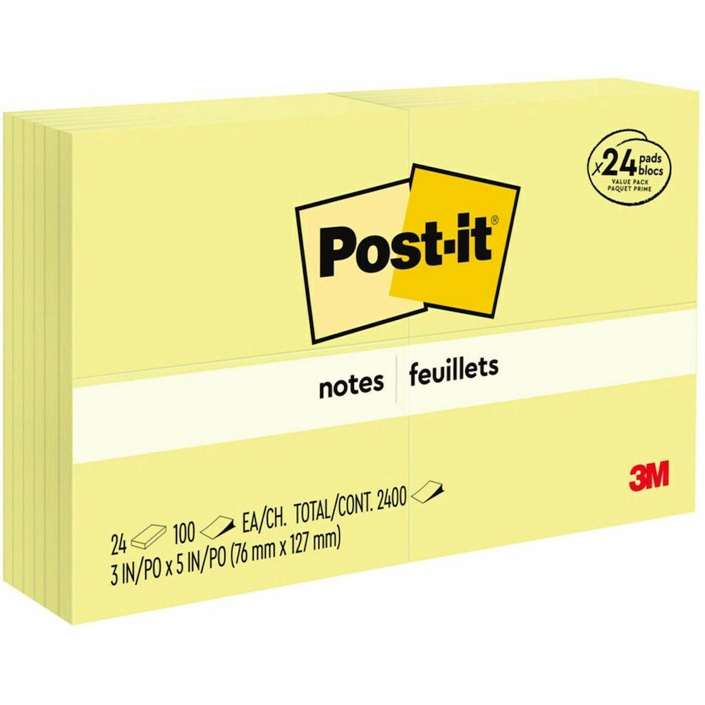 Post-it&reg; Notes Value Pack - 100 - 3" Flag/Note Width x 5" Flag/Note Length - Rectangle - Unruled - Canary - Self-adhesive - 24 / Pack. Picture 1