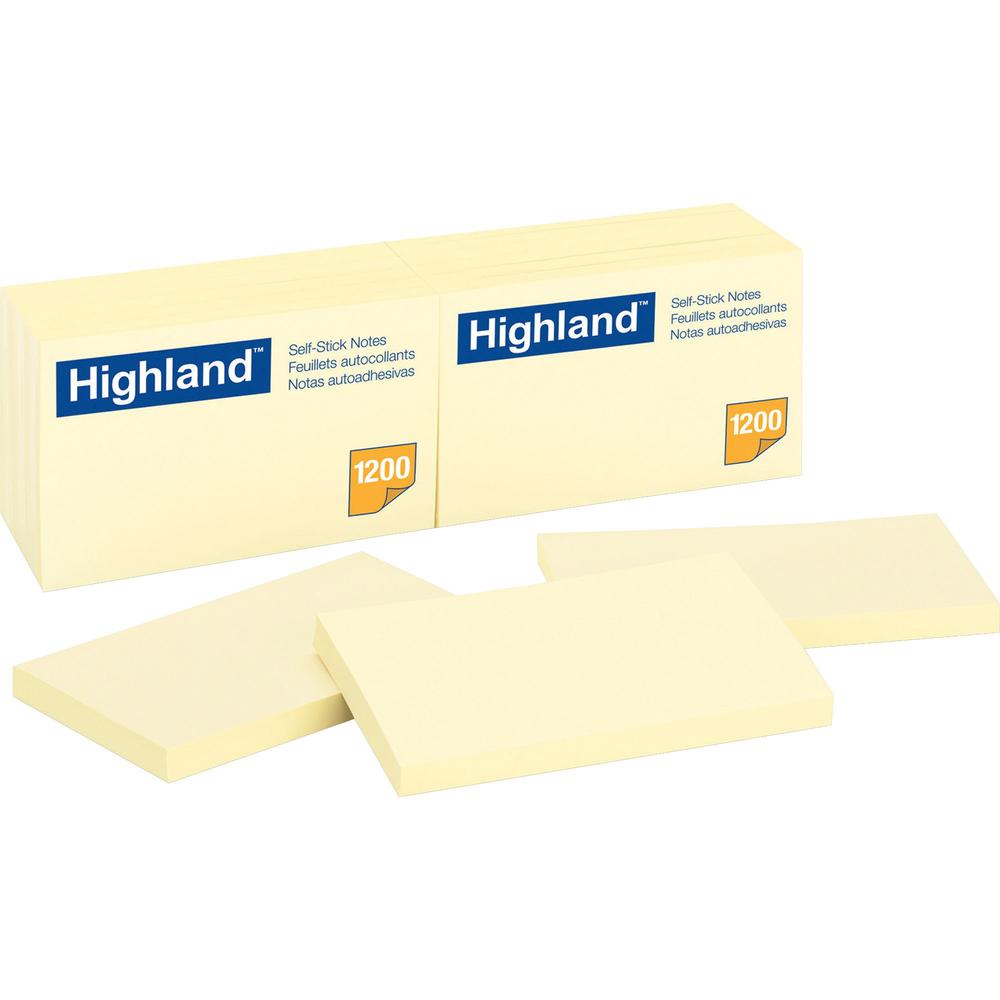 Highland Self-sticking Notepads - 1200 - 3" Flag/Note Width x 5" Flag/Note Length - Rectangle - 100 Sheets per Pad - Unruled - Yellow - Paper - Self-adhesive, Repositionable - 12 / Pack. Picture 1