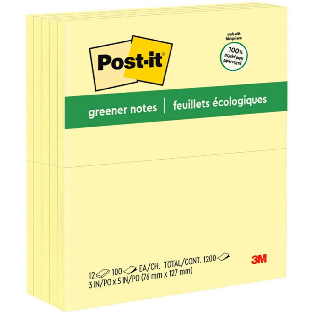 Post-it&reg; Greener Notes - 1200 - 3" Flag/Note Width x 5" Flag/Note Length - Rectangle - 100 Sheets per Pad - Unruled - Canary Yellow - Paper - Self-adhesive, Repositionable - Recycled - 1 Pack. Picture 1