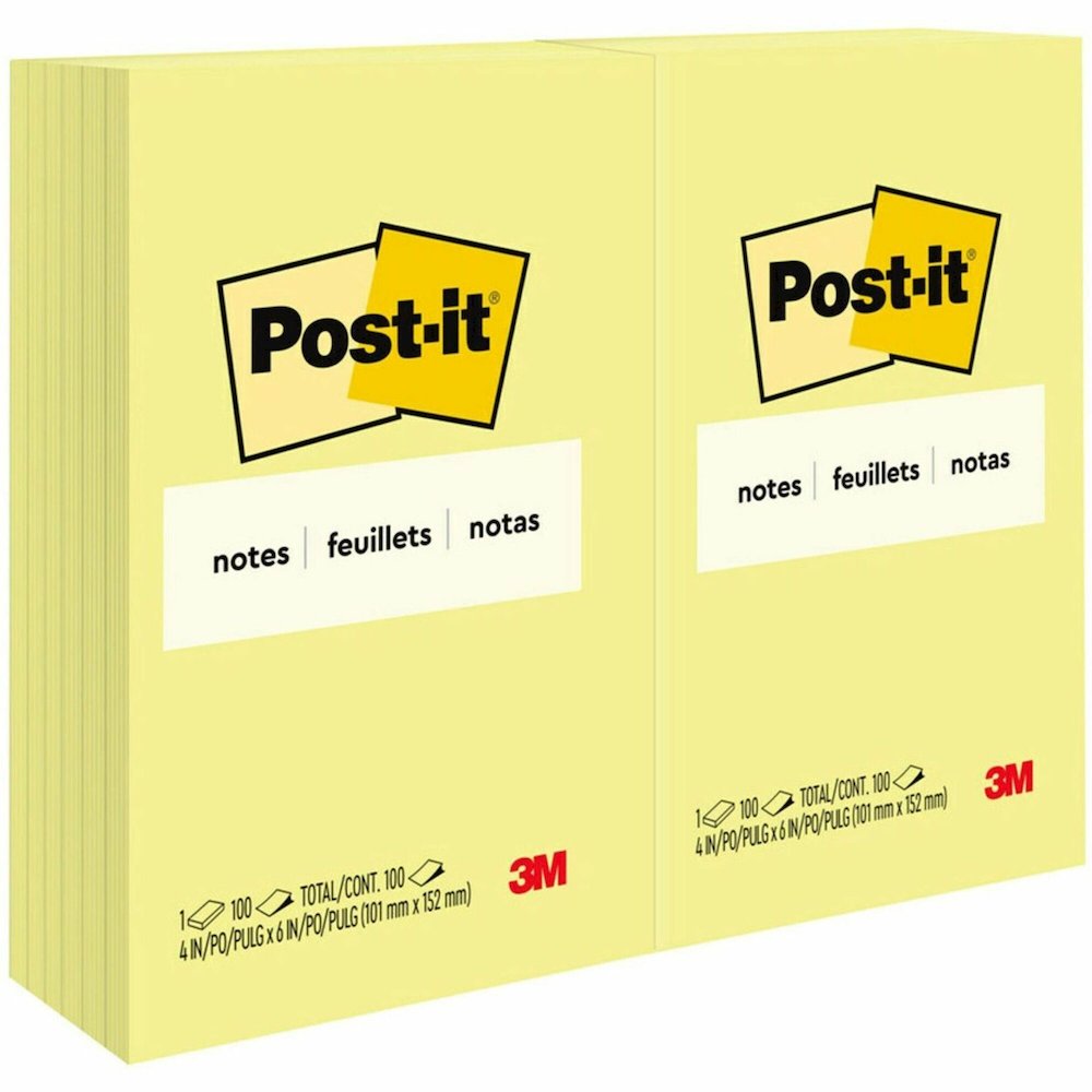 Post-it&reg; Notes Original Notepads - 4" Flag/Note Width x 6" Flag/Note Length - Rectangle - 100 Sheets per Pad - Unruled - Canary Yellow - Paper - Self-adhesive, Repositionable - 12 / Pack. Picture 1
