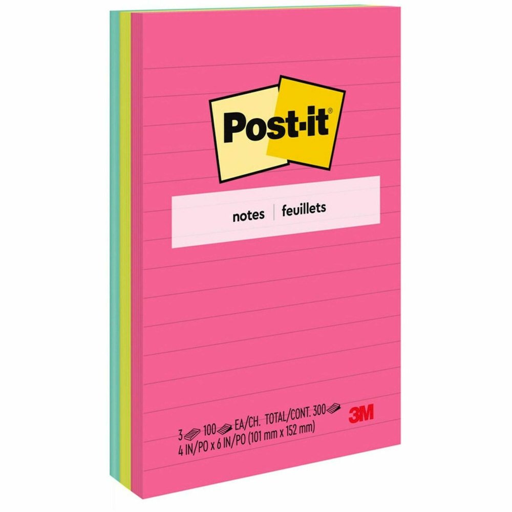 Post-it&reg; Lined Notes - Poptimistic Color Collection - 300 - 4" Flag/Note Width x 6" Flag/Note Length - Rectangle - 100 Sheets per Pad - Ruled - Power Pink, Neon Green, Aqua - Paper - Self-adhesive. Picture 1