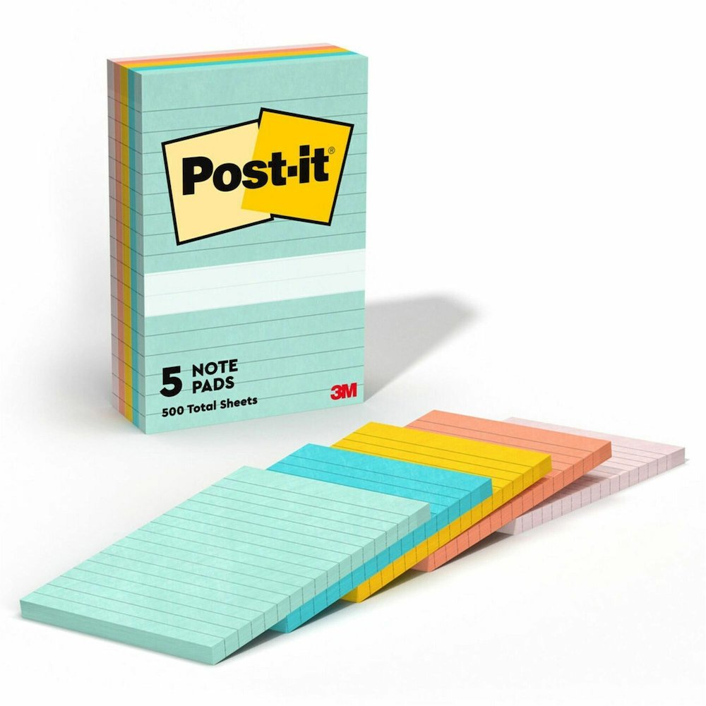 Post-it&reg; Lined Notes - Beachside Caf&eacute; Color Collection - 500 x Assorted Pastel - 4" Flag/Note Width x 6" Flag/Note Length - Rectangle - 100 Sheets per Pad - Ruled - Fresh Mint, Aqua Splash,. Picture 1