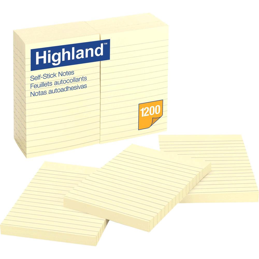Highland Self-sticking Lined Notepads - 1200 - 4" Flag/Note Width x 6" Flag/Note Length - Rectangle - 100 Sheets per Pad - Ruled - Yellow - Paper - Self-adhesive - 1 Pack. Picture 1