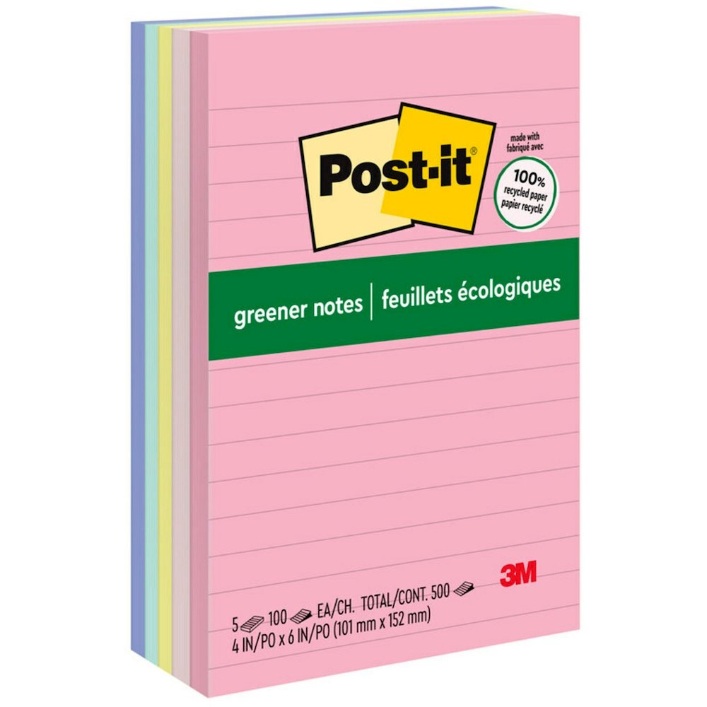 Post-it&reg; Greener Lined Notes - Sweet Sprinkles Color Collection - 500 x Assorted - 4" Flag/Note Width x 6" Flag/Note Length - Rectangle - 100 Sheets per Pad - Ruled - Positively Pink, Canary Yello. Picture 1