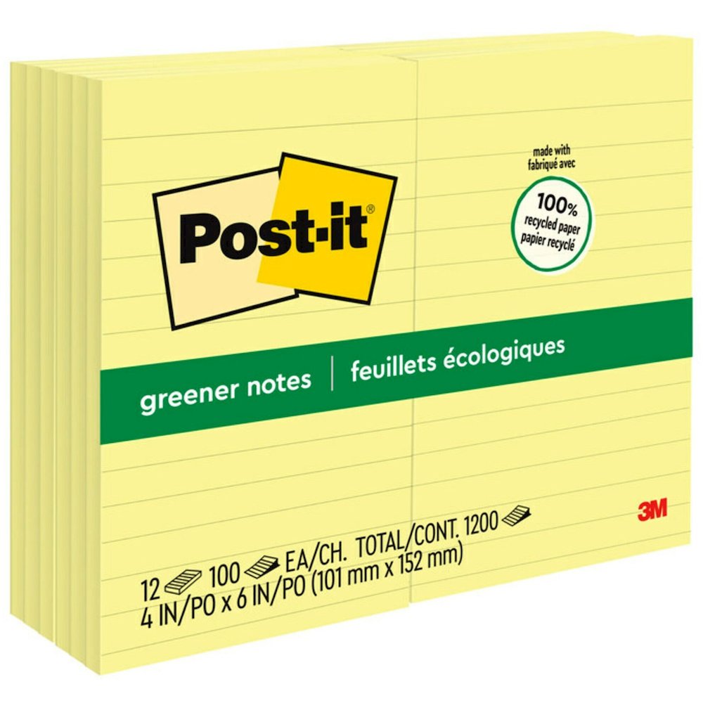 Post-it&reg; Greener Notes - 1200 - 4" Flag/Note Width x 6" Flag/Note Length - Rectangle - 100 Sheets per Pad - Ruled - Canary Yellow - Paper - Self-adhesive, Repositionable - Recycled - 1 Pack. Picture 1