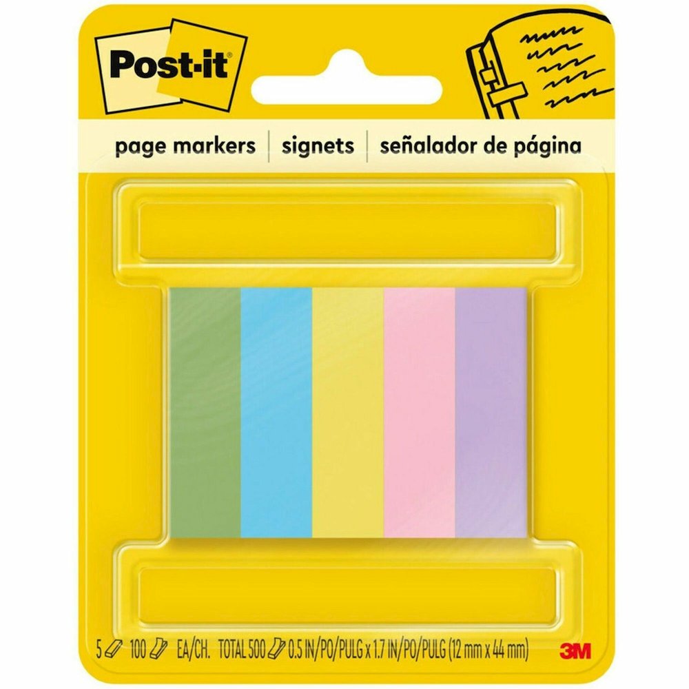 Post-it&reg; Page Markers - 100 - 1/2" Flag/Note Width x 2" Flag/Note Length - Rectangle - Unruled - Electric Blue, Yellow, Aqua Wave, Light Mulberry, Neon Green - Paper - Removable, Self-adhesive - 5. Picture 1