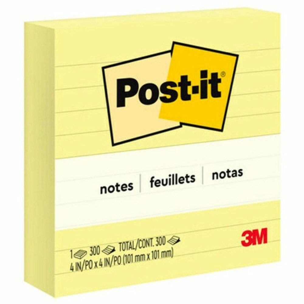 Post-it&reg; Lined Notes - 300 - 4" Flag/Note Width x 4" Flag/Note Length - Square - 300 Sheets per Pad - Ruled - Canary Yellow - Paper - Recyclable - 1 Pad. Picture 1