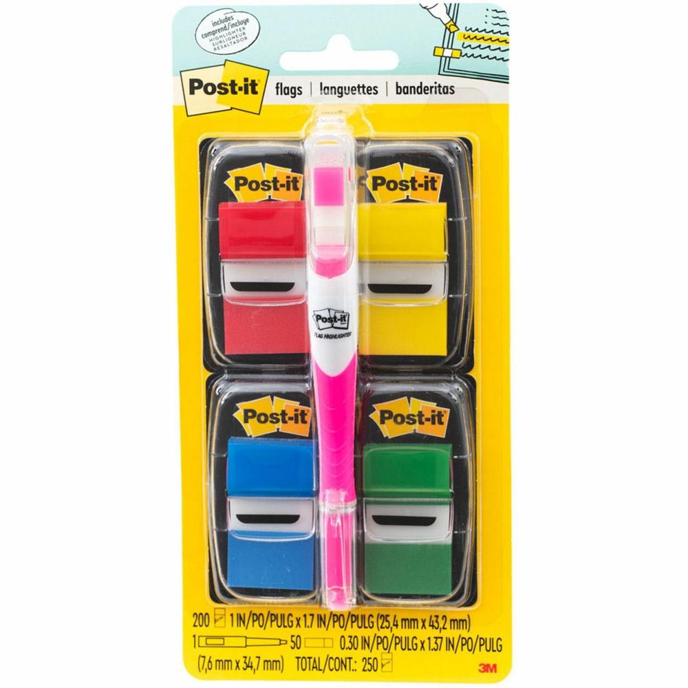 Post-it&reg; Flags Value Pack - 200 - 1" Flag/Note Width x 1 3/4" Flag/Note Length - Rectangle - Unruled - Red, Green, Yellow, Blue, Assorted - Self-adhesive, Removable - Dispenser Included - 250 / Pa. Picture 1