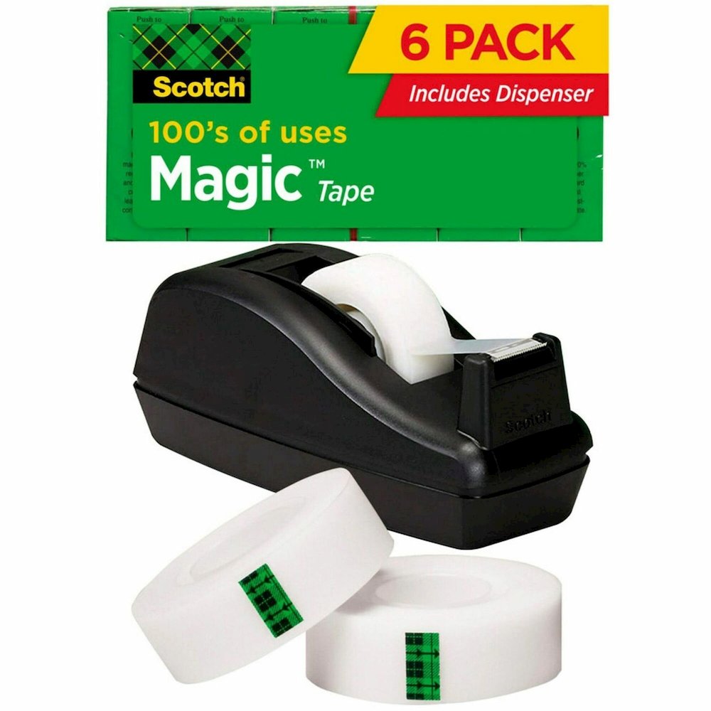 Scotch 3/4"W Magic Tape - 27.78 yd Length x 0.75" Width - 1" Core - Dispenser Included - Desktop Dispenser - Split Resistant, Tear Resistant - For Mending, Splicing - 6 / Pack - Matte - Clear. Picture 1