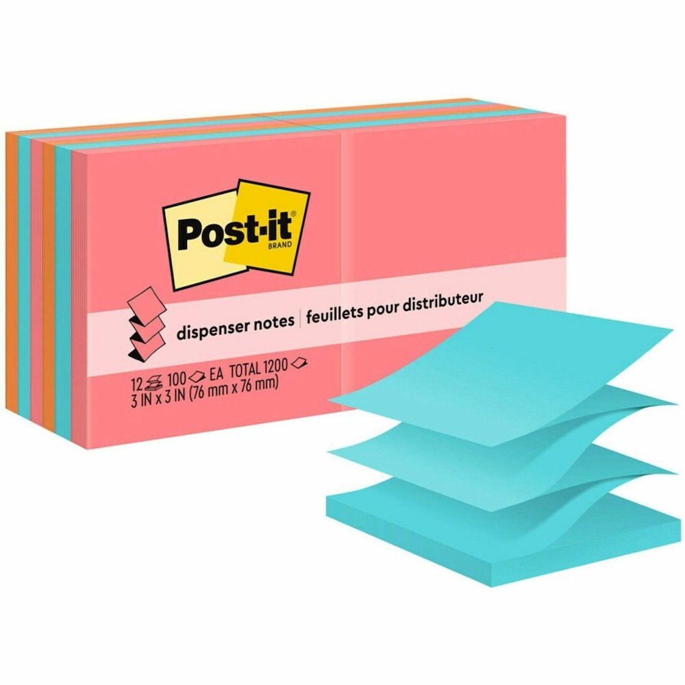 Post-it&reg; Dispenser Notes - 1200 - 3" Flag/Note Width x 3" Flag/Note Length - Square - 100 Sheets per Pad - Unruled - Guava, Aqua Splash, Vital Orange - Paper - Pop-up, Self-adhesive, Repositionabl. Picture 1