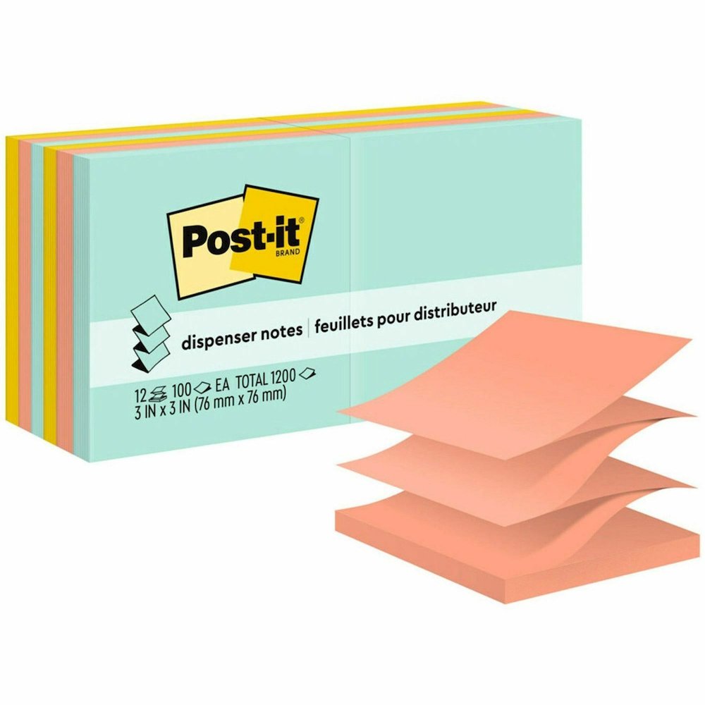 Post-it&reg; Dispenser Notes - 1200 - 3" Flag/Note Width x 3" Flag/Note Length - Square - 100 Sheets per Pad - Unruled - Fresh Mint, Aqua Splash, Sunnyside, Papaya Fizz, Guava - Paper - Pop-up, Self-a. Picture 1
