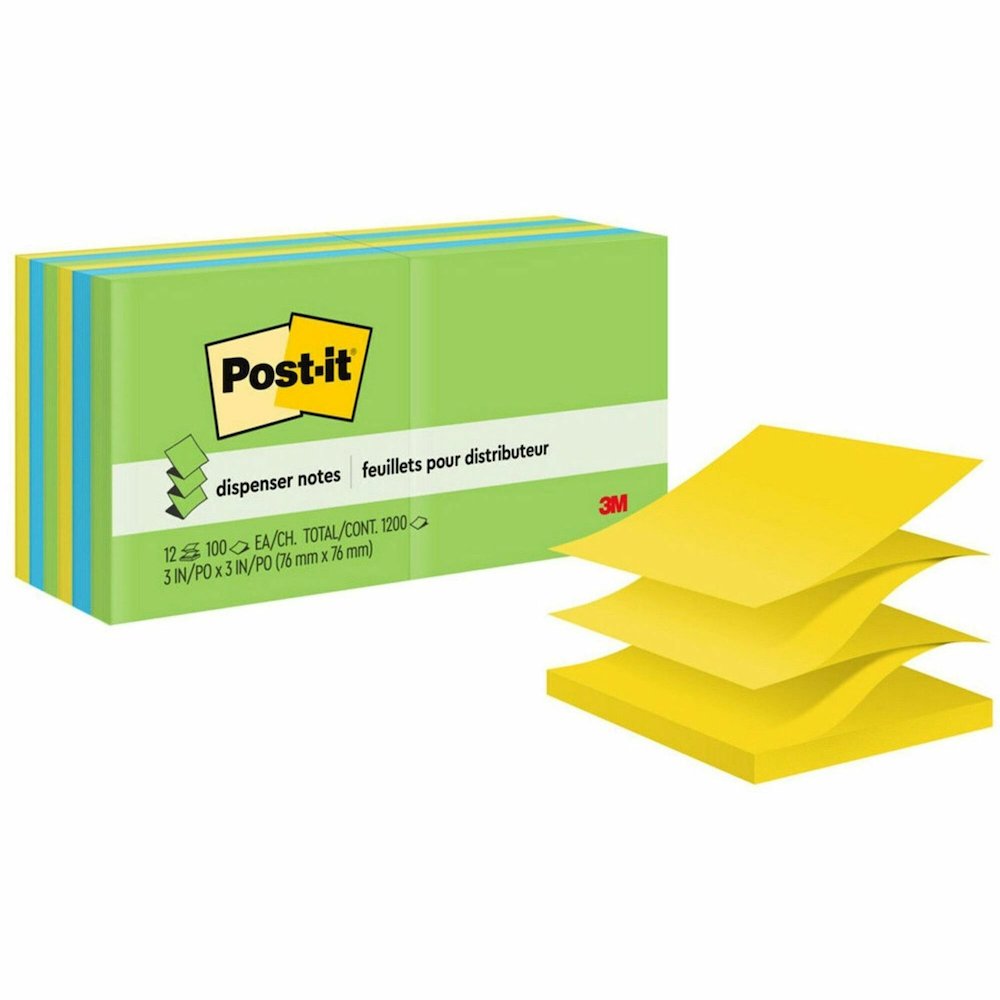 Post-it&reg; Dispenser Notes - 1200 - 3" Flag/Note Width x 3" Flag/Note Length - Square - 100 Sheets per Pad - Unruled - Limeade, Citron, Blue Paradise - Paper - Pop-up, Refillable, Self-adhesive, Rep. Picture 1