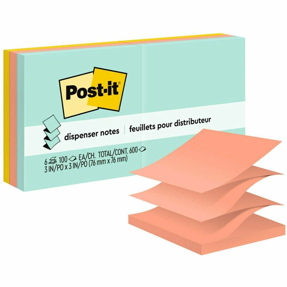Post-it&reg; Dispenser Notes - 600 - 3" Flag/Note Width x 3" Flag/Note Length - Square - 100 Sheets per Pad - Unruled - Green, Pink, Yellow - Paper - Pop-up, Self-adhesive, Repositionable - 6 / Pack. Picture 1