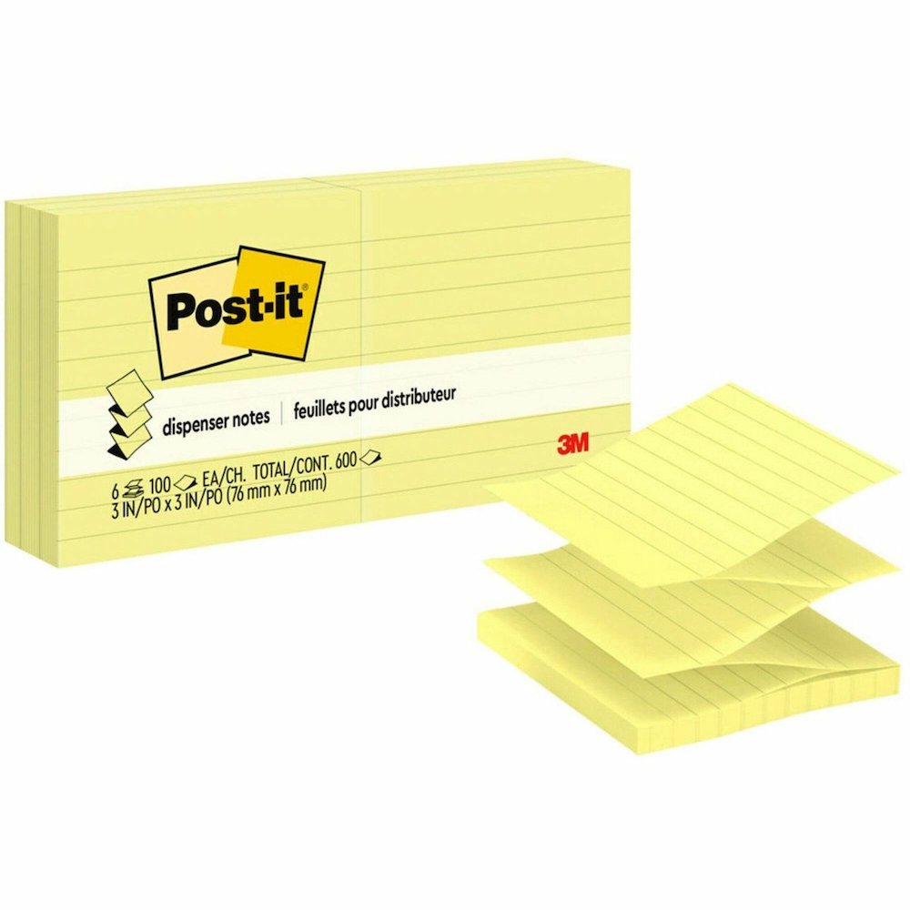 Post-it&reg; Dispenser Notes - 600 - 3" Flag/Note Width x 3" Flag/Note Length - Square - 100 Sheets per Pad - Ruled - Yellow - Paper - Pop-up, Fanfold, Refillable - 6 / Pack. Picture 1