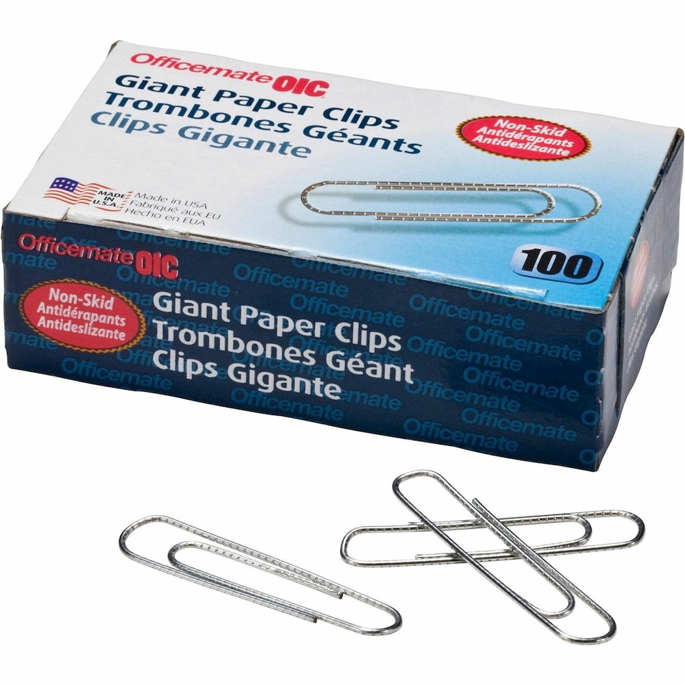 Officemate Giant Nonskid Paper Clips - Jumbo - 2" Length x 0.5" Width - Silver - Steel - 100/Box - 10 / Pack. Picture 1