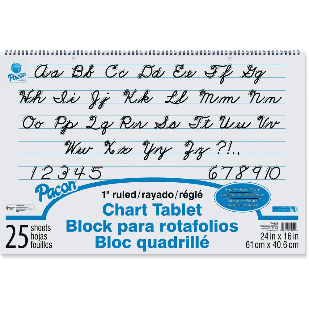 Pacon Ruled Chart Tablet - 25 Sheets - Spiral Bound - Ruled - 1" Ruled - 24" x 16" - White Paper - Stiff Cover - Sturdy Back, Recyclable, Dual Sided - 1 Each. Picture 1