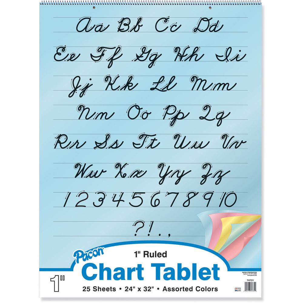Pacon Cursive Cover Colored Paper Chart Tablet - 25 Sheets - 1" Ruled - 24" x 32"24" x 32" - Assorted Paper - Recycled - 1 Each. Picture 1