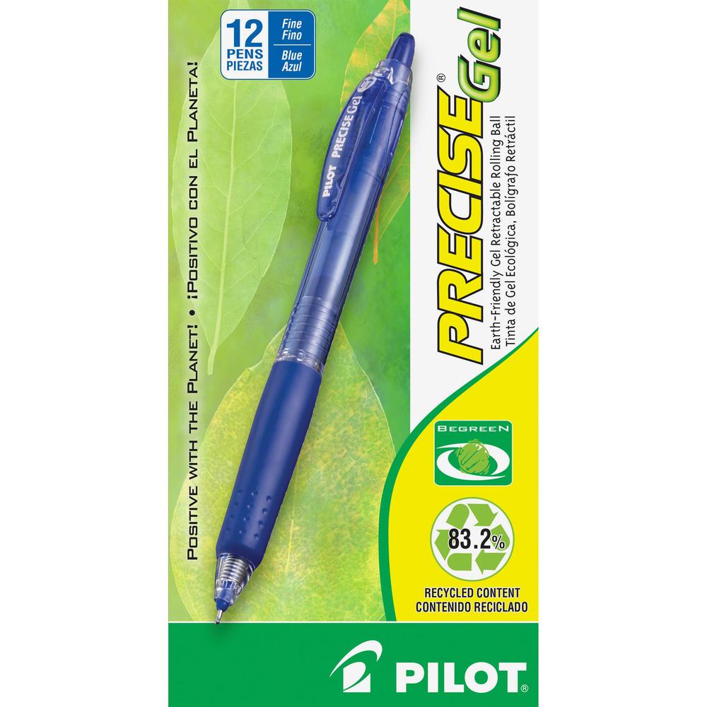 Pilot Precise Gel Fine Retractable BeGreen Pens - Refillable - Retractable - Blue Ink - Gel-based - Translucent Barrel - 1 Dozen. Picture 1