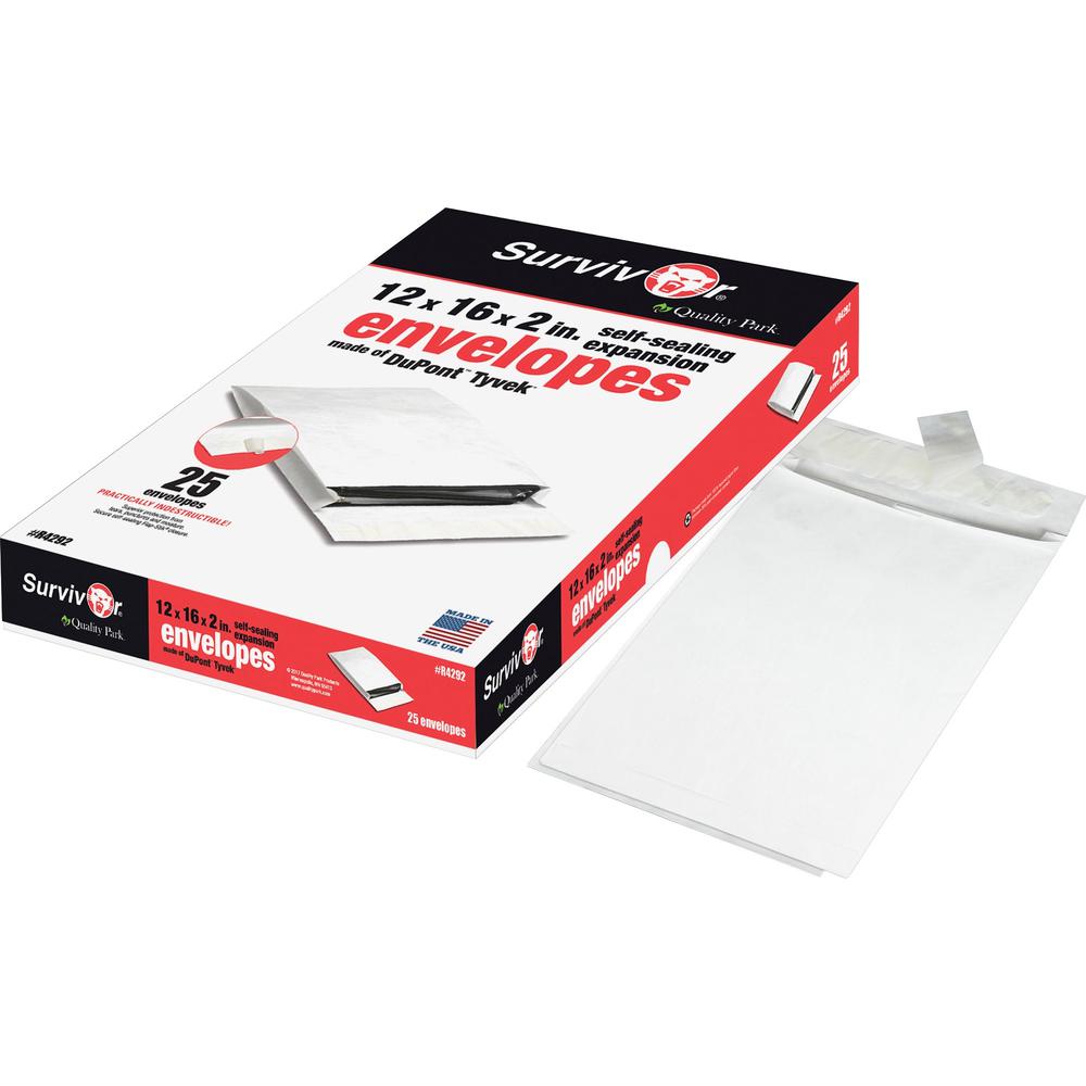 Survivor&reg; 12 x 16 x 2 DuPont Tyvek Expansion Mailers with Self-Seal Closure - Expansion - 12" Width x 16" Length - 2" Gusset - 14 lb - Peel & Seal - Tyvek - 25 / Box - White. Picture 1