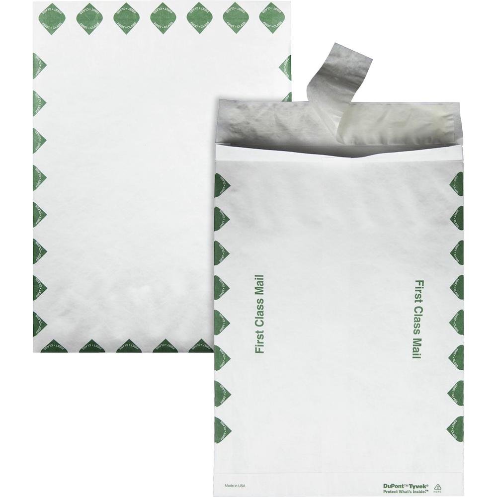 Survivor&reg; 10 x 13 x 1-1/2 DuPont Tyvek Expansion First Class Border Envelopes - First Class Mail - 10" Width x 13" Length - 1 1/2" Gusset - 14 lb - Peel & Seal - White - Tyvek - 100 / Carton. Picture 1