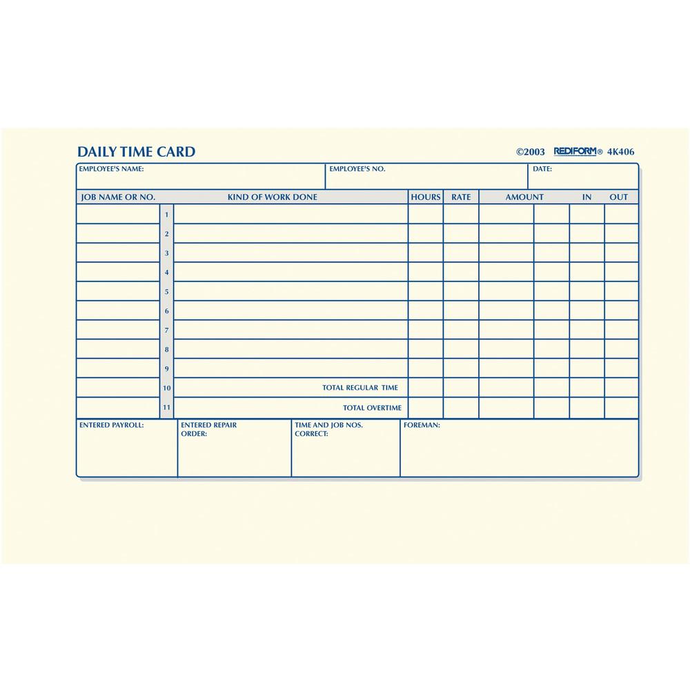 Rediform Daily Time Clock Cards - 100 Sheet(s) - Gummed - 1 Part - 4.25" x 7" Sheet Size - White - Manila Sheet(s) - 1 / Pad. Picture 1