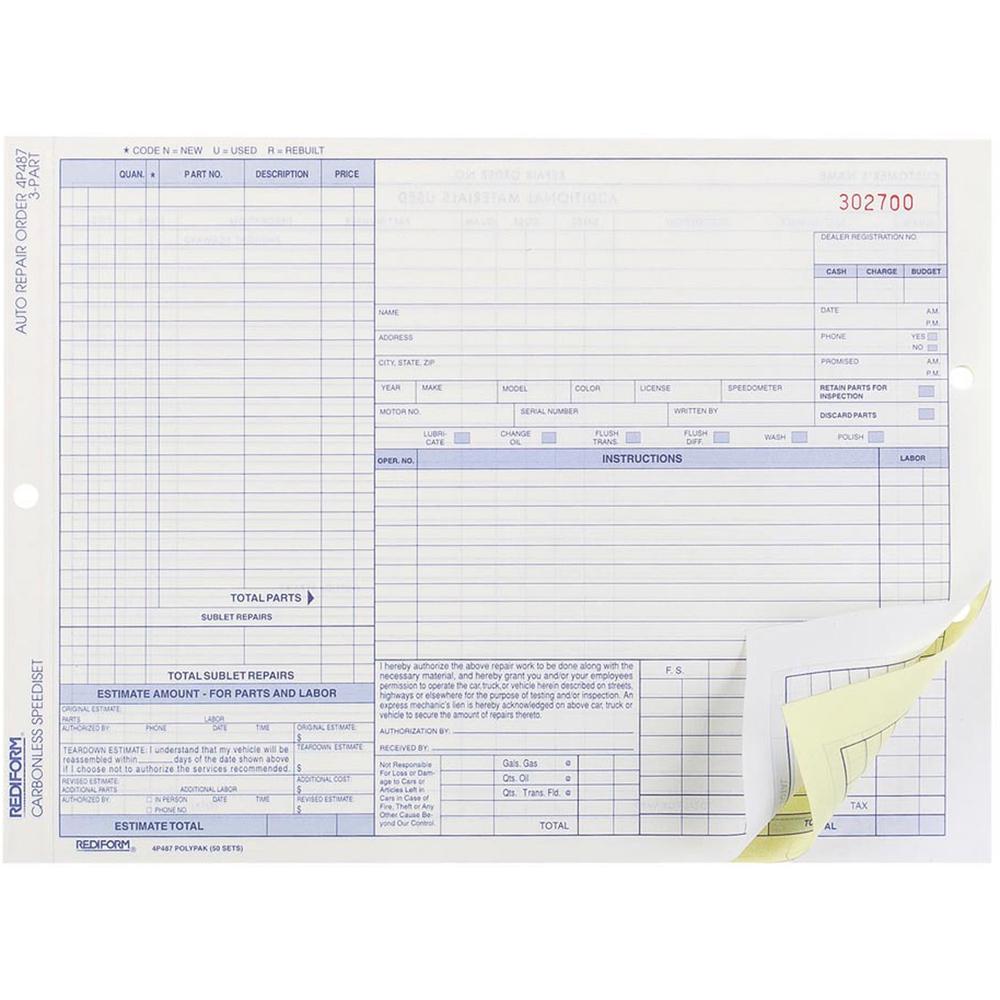 Rediform 3-part Auto Repair Order Forms - 3 PartCarbonless Copy - 11" x 8.50" Sheet Size - Assorted Sheet(s) - Blue Print Color - 50 / Pack. Picture 1
