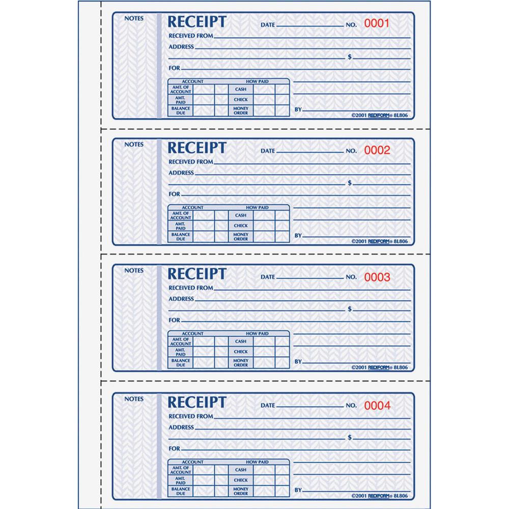 Rediform Money Receipt 4 Per Page Collection Forms - 400 Sheet(s) - 2 PartCarbonless Copy - 7" x 2.75" Sheet Size - White, Yellow - Black Print Color - 1 Each. Picture 1