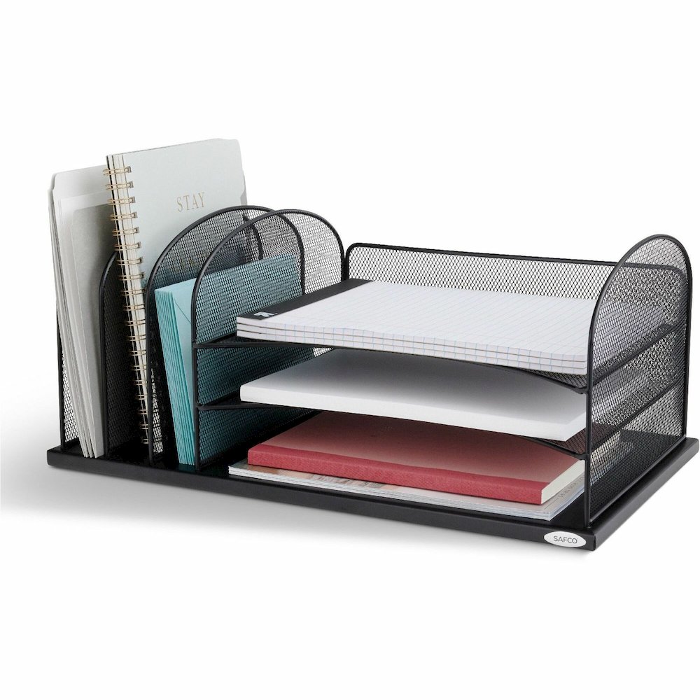 Safco Onyx 3 Tray/3 Upright Section Desk Organizer - 5 Compartment(s) - 8.25" Height x 19.50" Width x 11.50" Depth - Desktop - Powder Coated - Black - Steel - 1 Each. Picture 1