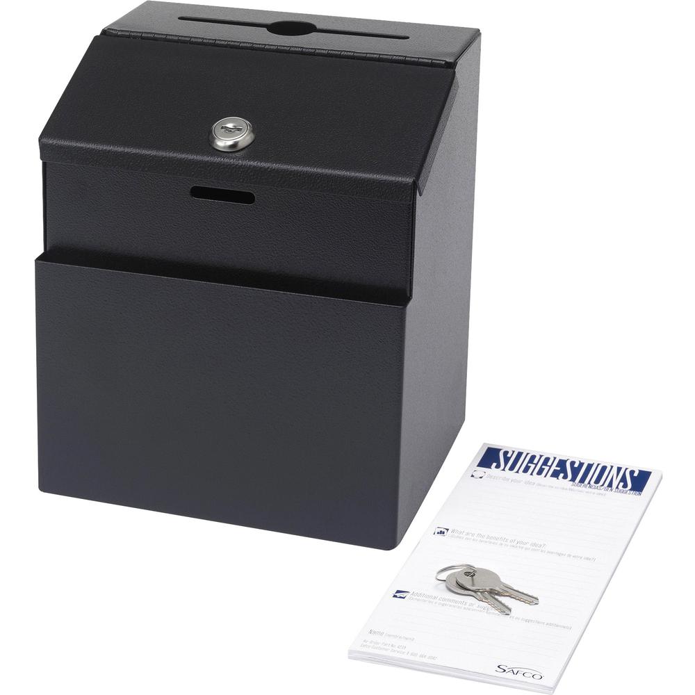 Safco Steel Suggestion Box - External Dimensions: 7.2" Width x 6" Depth x 8.5" Height - 25 x Card - Key Lock Closure - Steel - Black - No - 1 Each. Picture 1