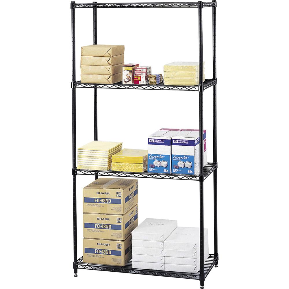 Safco Commercial Wire Shelving - 36" Width x 18" Depth x 72" Height - 4 x Shelf(ves) - 2000 lb Load Capacity - Leveling Glide, Adjustable Feet - Black - Powder Coated - Steel - No - Assembly Required. Picture 1