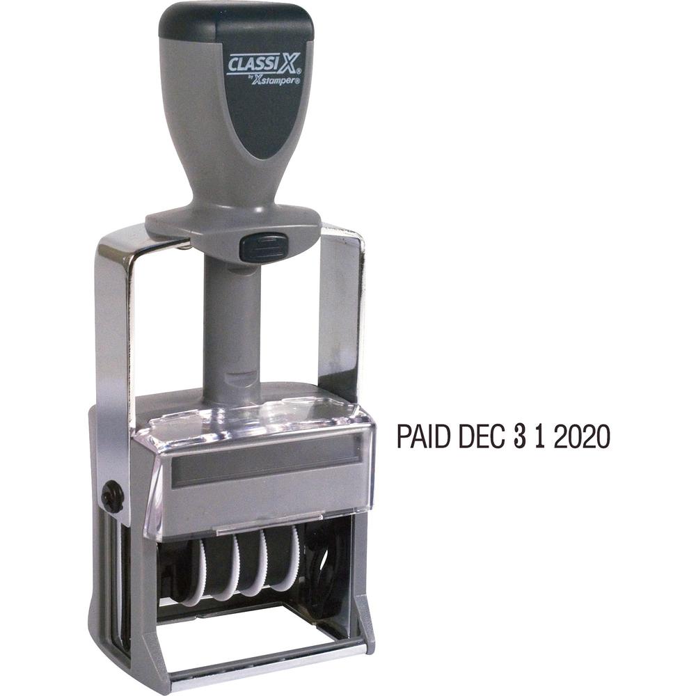 Xstamper Self-Inking 12 Phrase Dater - Message/Date Stamp - "REC'D, ANS'D, ENT'D, PAID, SHIPPED, CHARGED, CANCELLED, C.O.D., FILLED, FILED" - Black - Metal - 1 Each. Picture 1