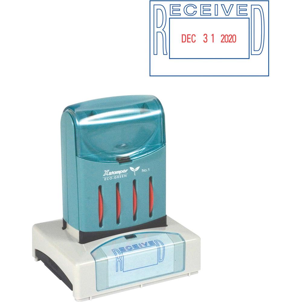 Xstamper VersaDater Pre-inked RECEIVED Date Stamp - Message/Date Stamp - "RECEIVED" - 1.31" Impression Width x 2.12" Impression Length - Blue, Red - Recycled - 1 Each. Picture 1