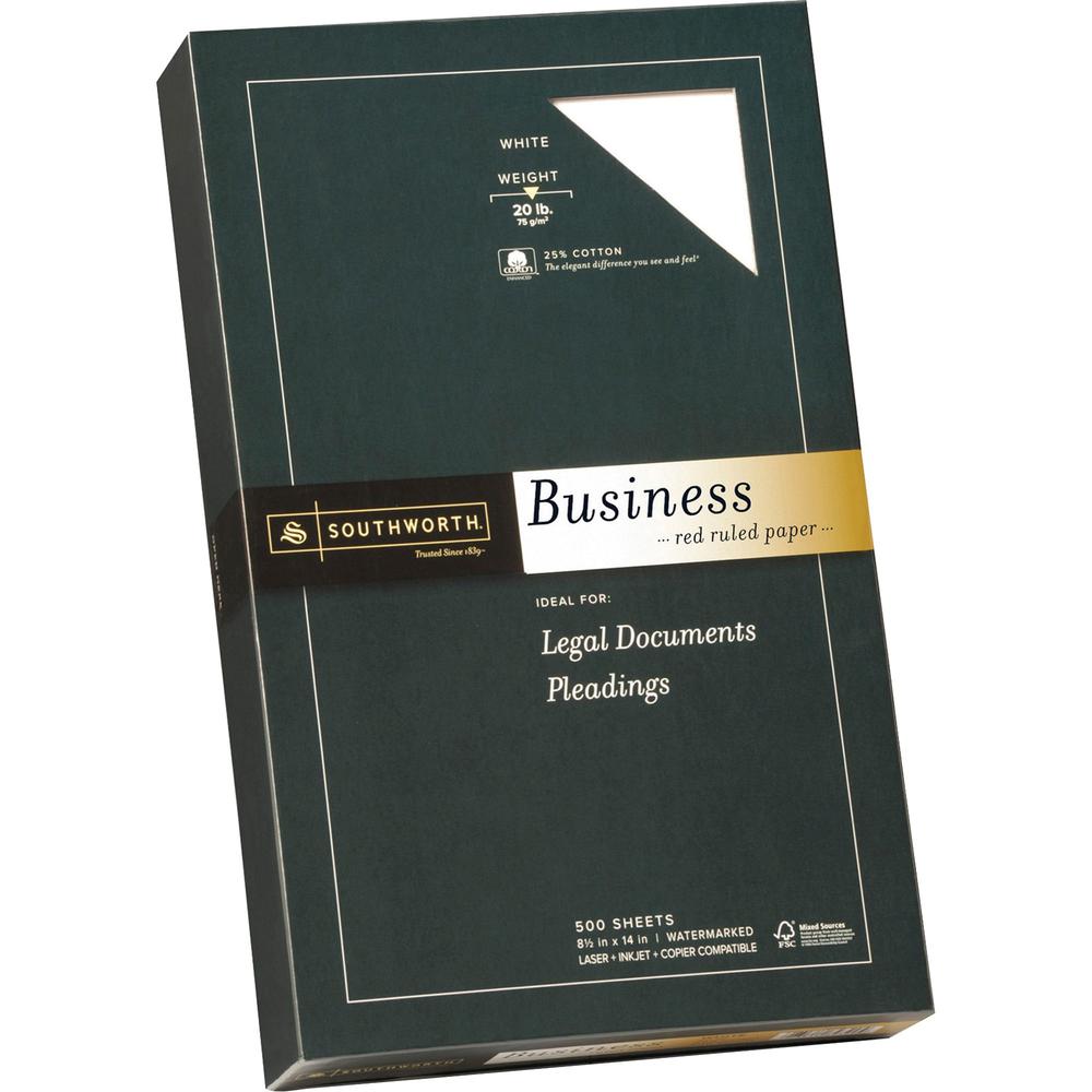 Southworth Red Ruled Business Paper - Legal - 8 1/2" x 14" - 20 lb Basis Weight - Wove - 500 / Box - Acid-free, Watermarked, Date-coded, Lignin-free - White. Picture 1