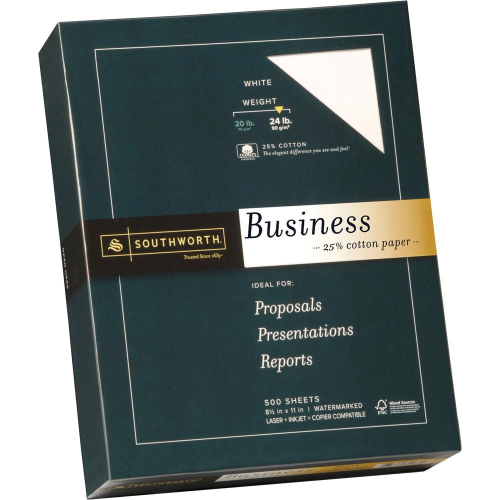 Southworth 24lb 25% Cotton Business Paper - Letter - 8 1/2" x 11" - 24 lb Basis Weight - Wove - 500 / Box - Watermarked, Acid-free, Date-coded, Lignin-free - White. Picture 1