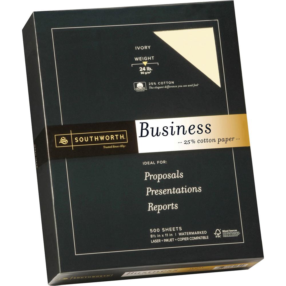 Southworth 24lb 25% Cotton Business Paper - Letter - 8 1/2" x 11" - 24 lb Basis Weight - Wove - 500 / Box - Watermarked, Acid-free, Lignin-free, Date-coded - Ivory. Picture 1