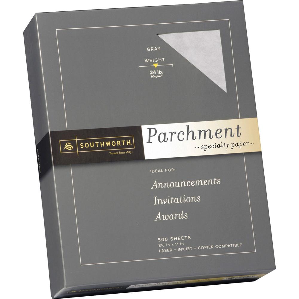 Southworth Parchment Specialty Paper - Gray - Letter - 8 1/2" x 11" - 24 lb Basis Weight - Parchment - 500 / Box - Acid-free, Lignin-free - Gray. Picture 1