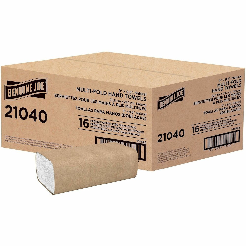 Genuine Joe Paper Towel Multi fold 250 sheets Natural - 1 Ply - Multifold - 9.25" Width x 9.40" Length - embossed design - Natural - Paper, Fiber - 250 Sheets/Pack - 16 / Carton. Picture 1