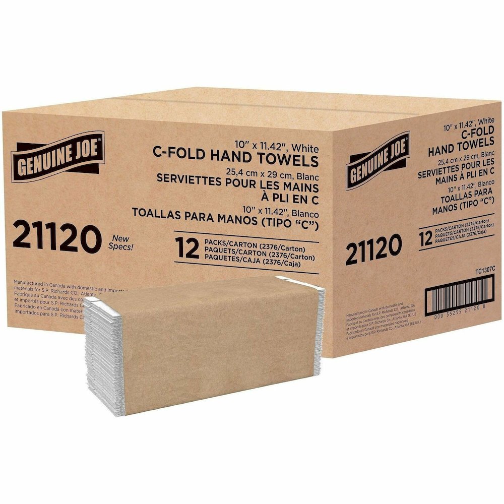Genuine Joe Paper Towel C-fold 200 sheets White - 1 Ply - C-fold - 13" Width x 10" Length - embossed design - White - Fiber, Paper - 200 Sheets/Pack - 12 / Carton. Picture 1